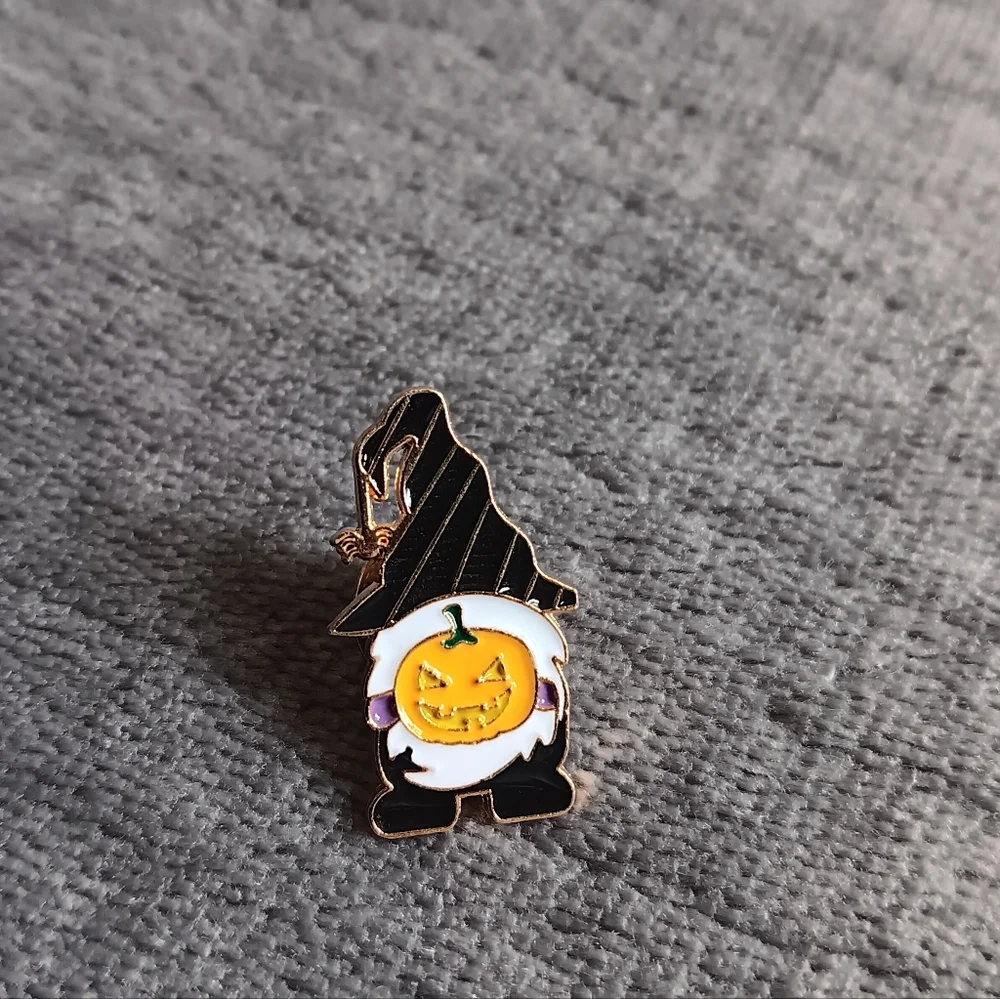 Pumpkin Face Gnome Sweater Pin, Metal Enamel Halloween Jacket Brooch